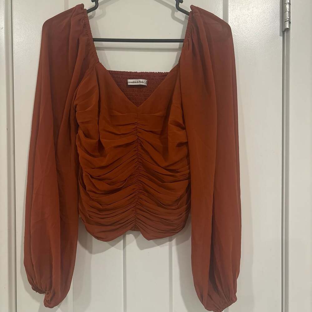 Abercrombie & Fitch Y2K Boho Rust Ruched Top Med Sheer Balloon Sleeve Romantic